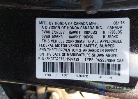 2018 Honda Civic Ex z USA, uszkodzony, nr VIN 2HGFC2F75JH587439